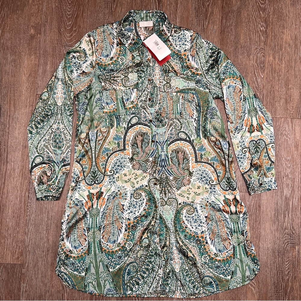 Q2 Paisley Floral Print Shirt Dress NWT Green Boho Long Sleeve | Size: M